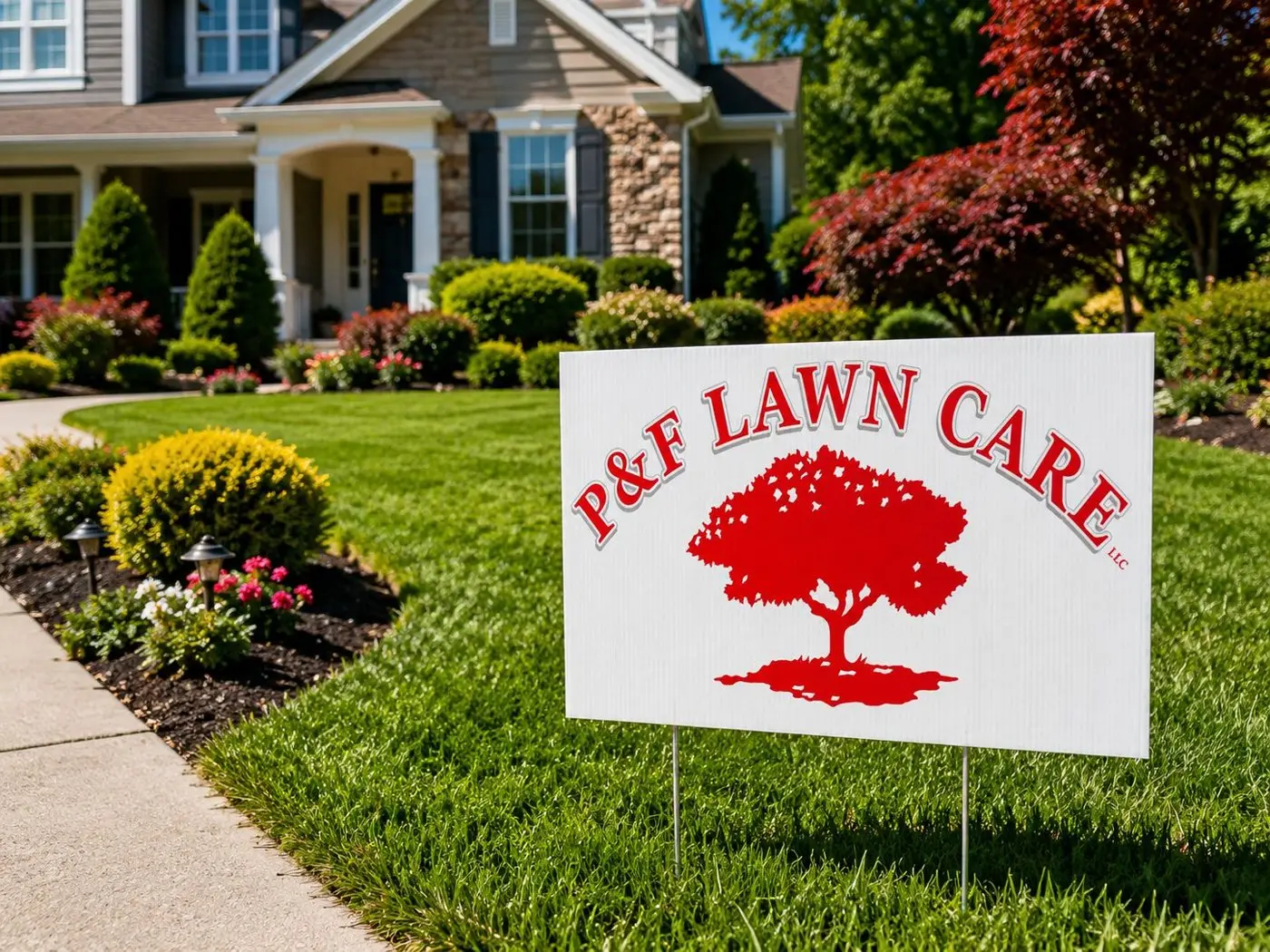 P&F Lawn Care yard sign on a freshly maintained front lawn with trimmed shrubs and flower beds