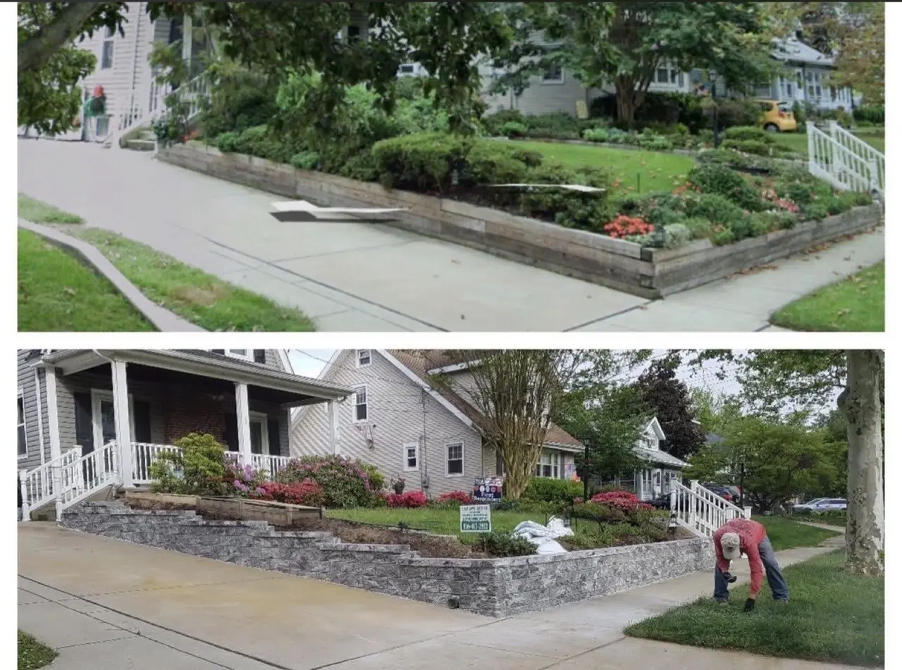 Before and after of a front yard with a new stone retaining wall and plantings by P&F Lawn Care