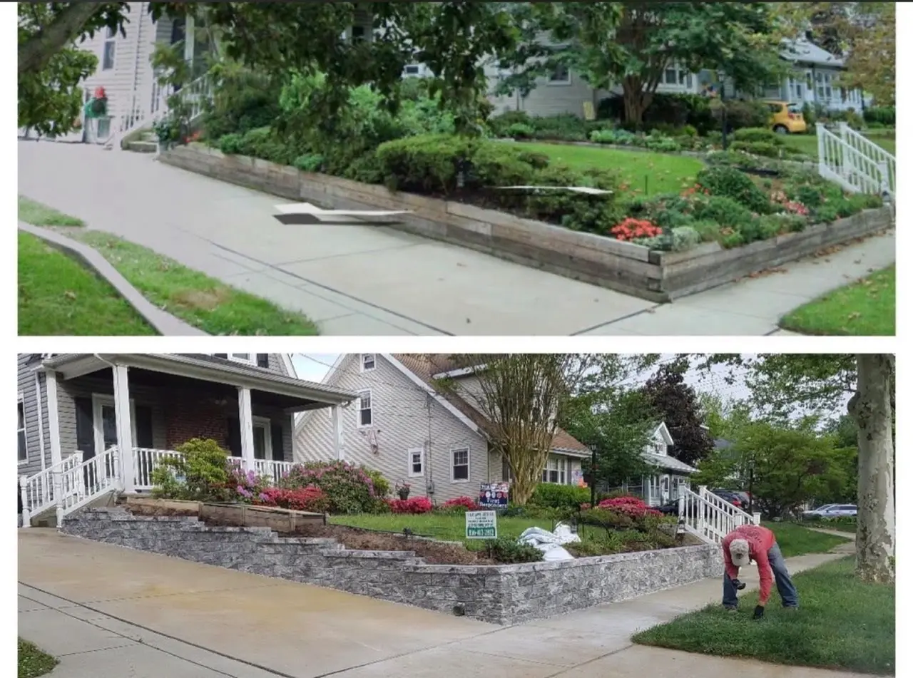 Before and after yard transformation with new retaining wall